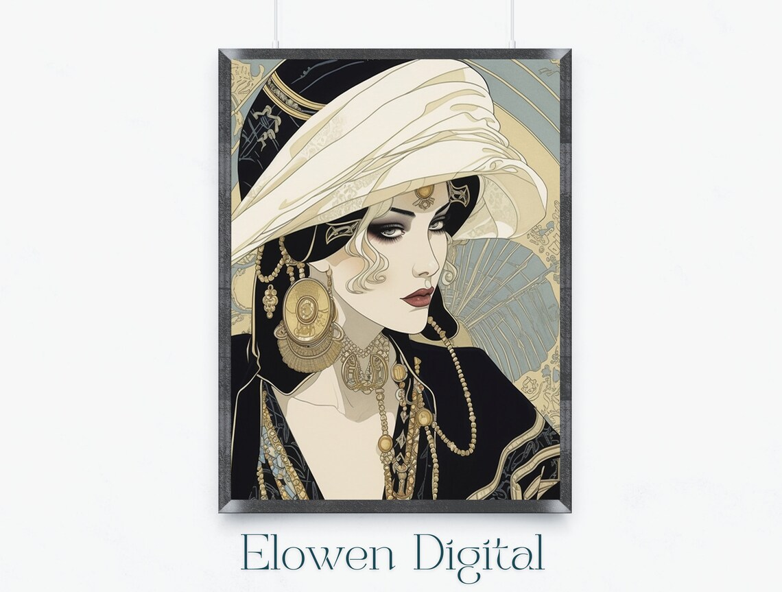 Turbaned Woman With Heavy Gold Jewelry Art Nouveau Style Profile Print
