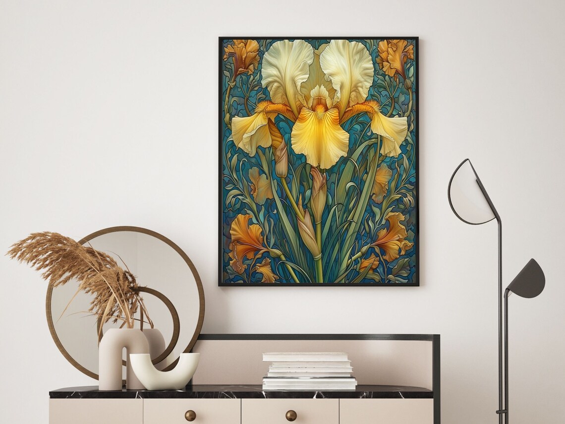Golden Yellow Bearded Iris Botanical Art Nouveau Floral Art Poster - Image 3