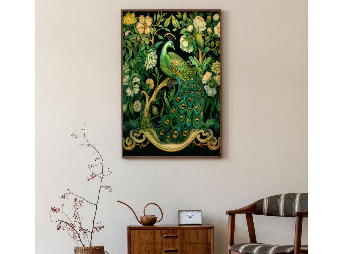 Peacock White Flowers Morris Style Botanical Garden Art Poster - Image 4