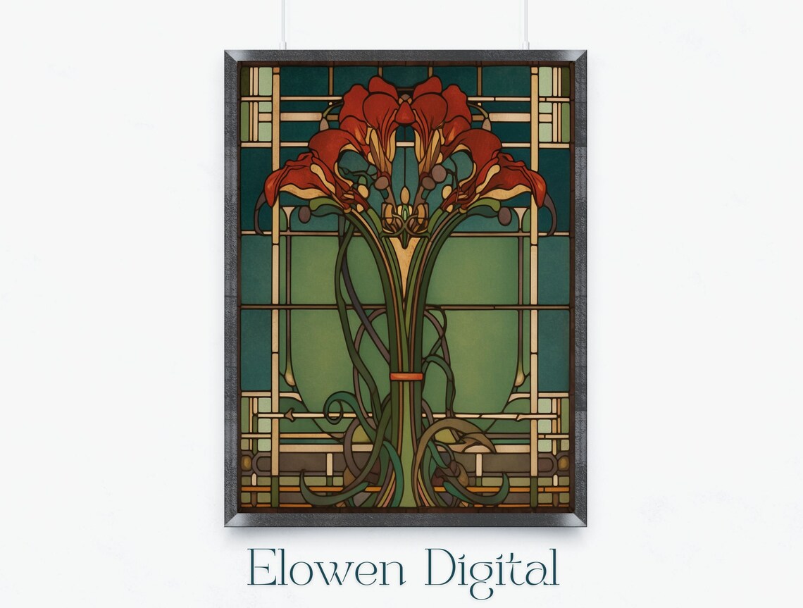 Art Deco Red Lilies in Stained-Glass Style Botanical Window Poster