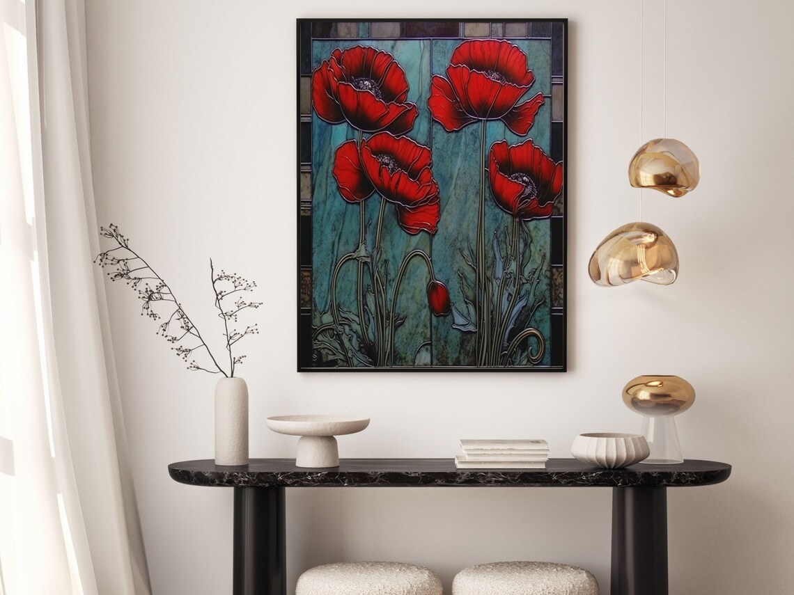 Vivid Art Nouveau Red Poppies Teal Stained Glass Botanical Poster - Image 5