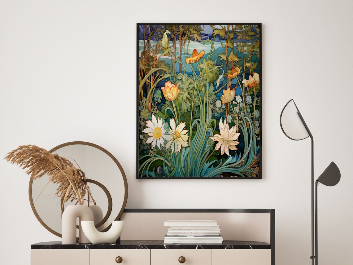 Art Nouveau Daisy and Tulip Stained-Glass Style Botanical Poster - Image 6