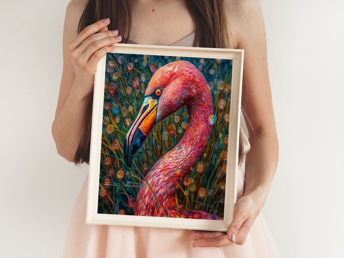Pink Flamingo Portrait Close Up With Sparkling Golden Bokeh Wall Art - Image 5