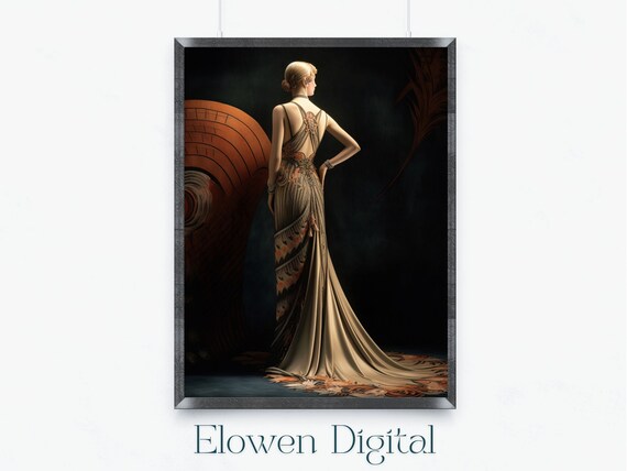 Art Deco Woman From Behind in Champagne Beaded Gown With Train Poster