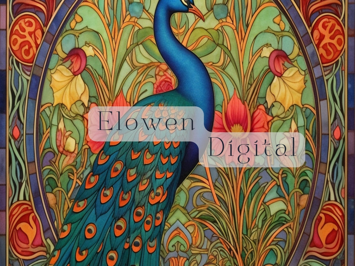 Blue Peacock With Red Blooms Stained Glass Style Scene Wall Art - Image 3