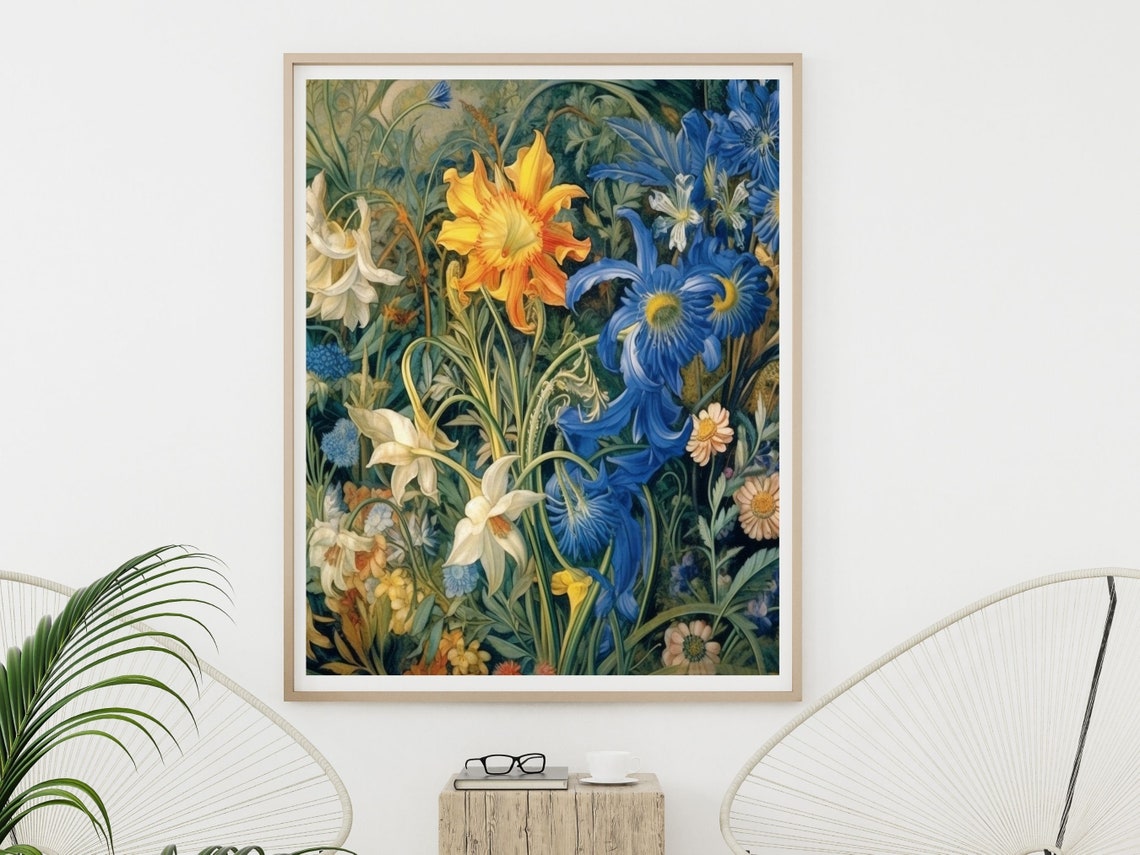 Blue Irises White Lilies Golden Daffodil Botanical Flower Wall Art - Image 4