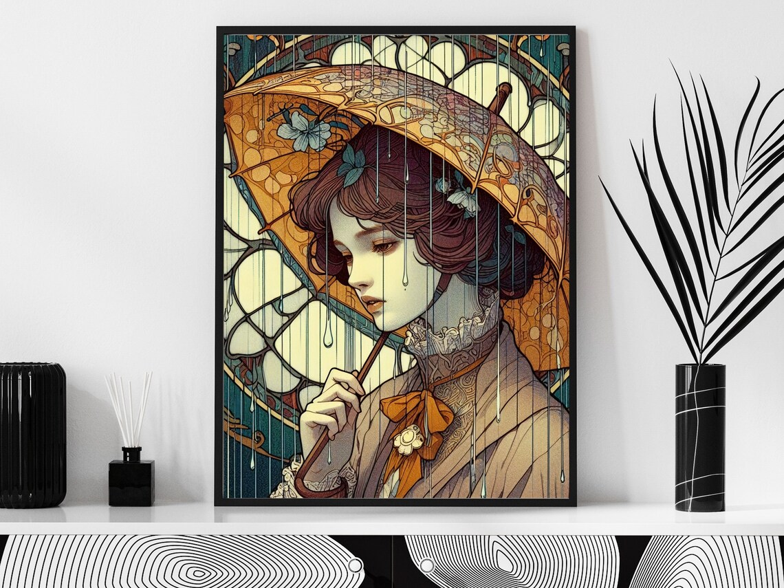 Art Nouveau Elegant Woman Under Umbrella In The Rain Wall Art - Image 4