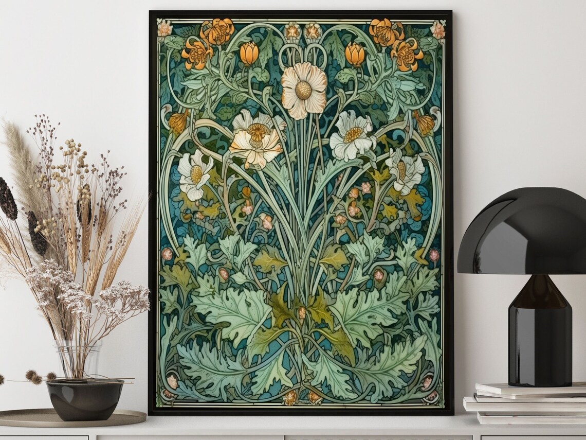 William Morris Style White Daisies And Green Foliage Floral Poster - Image 3