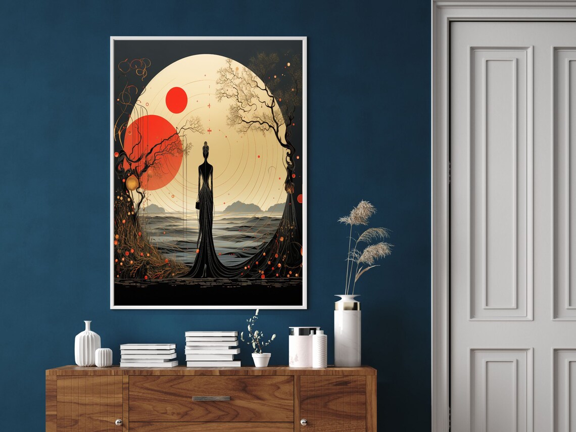 Art Nouveau Silhouette Woman Before Red Sun And Moonlight Poster - Image 6