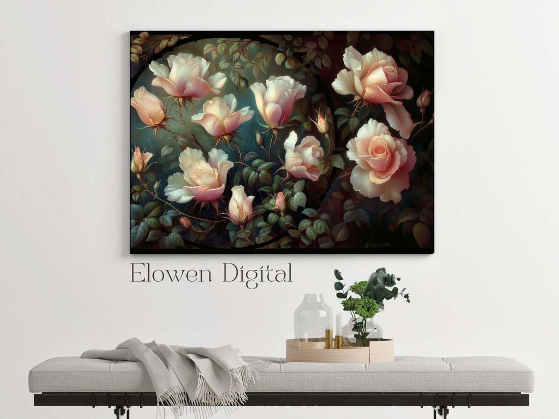 Vintage Cream and Blush Roses Botanical Study on Dark Poster