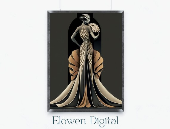 Erté Style Art Deco Woman with Feather Fan in Champagne Gown Poster