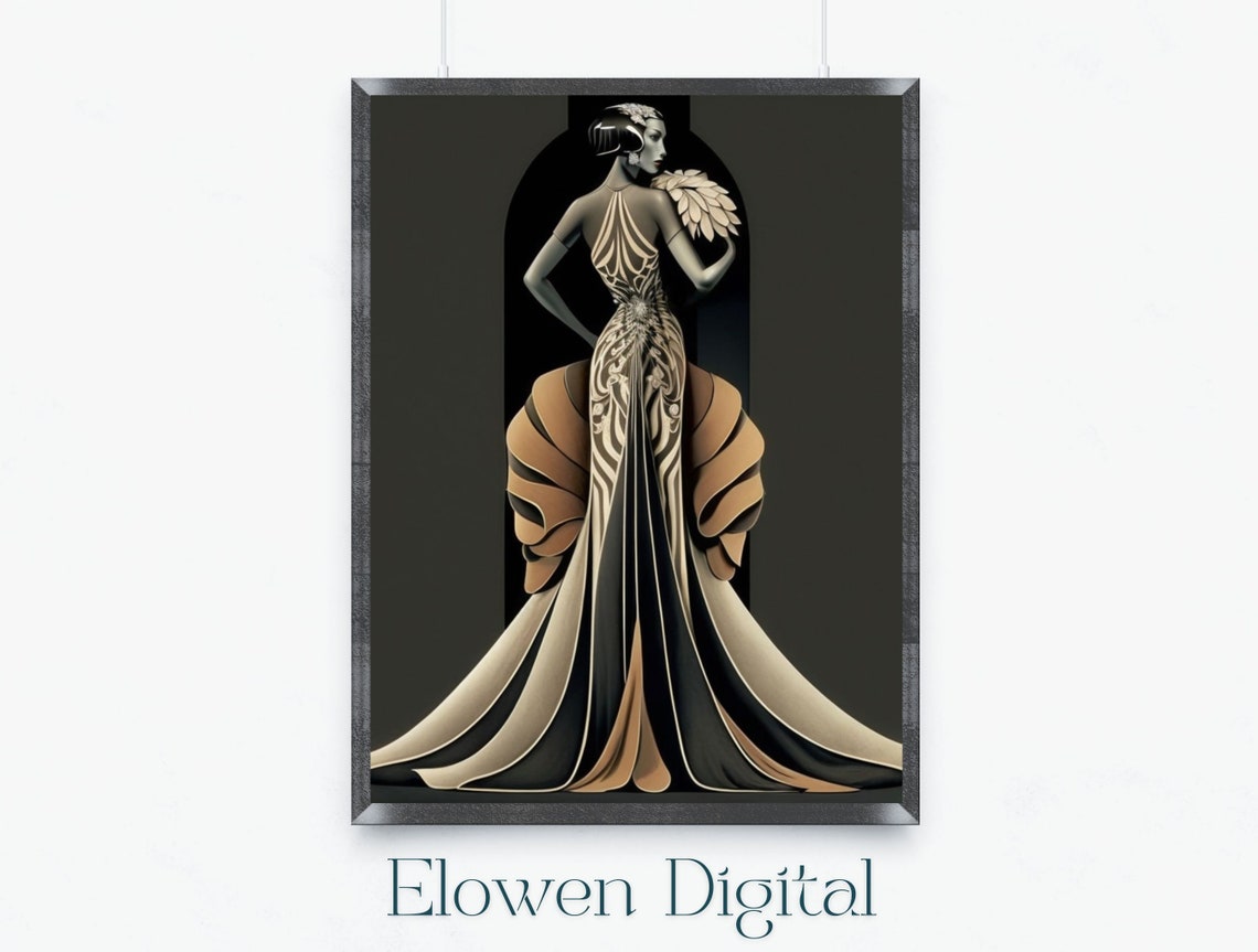 Erté Style Art Deco Woman with Feather Fan in Champagne Gown Poster