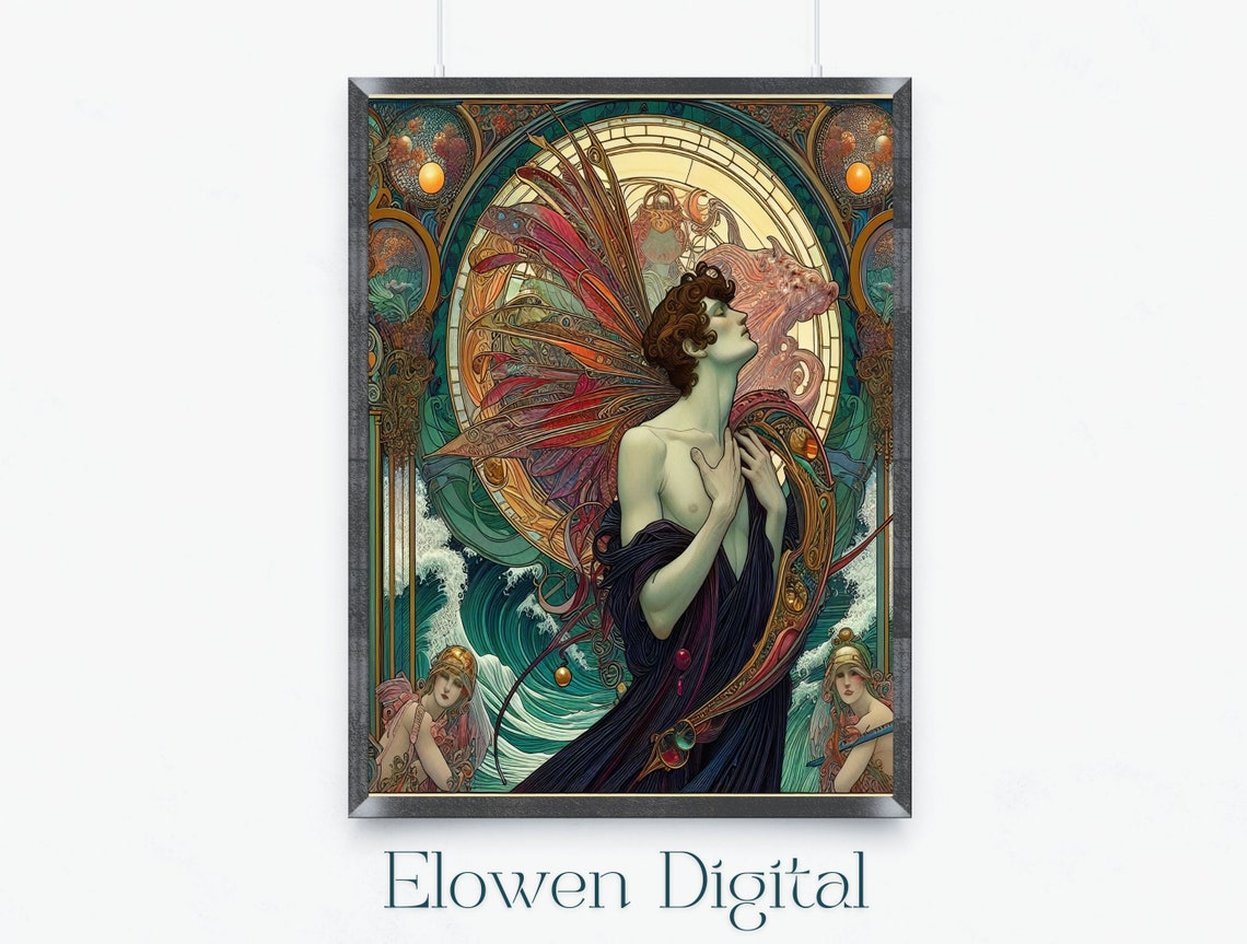 Alphonse Mucha Style Male Water Nymph With Wings and Waves Poster