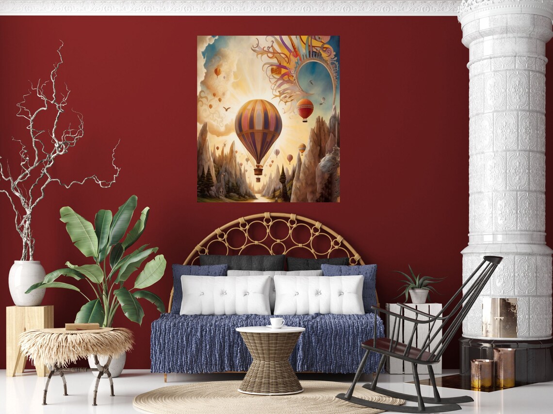 Whimsical Hot Air Balloons Over Mountain Valley Fantasy Art Poster - Image 4