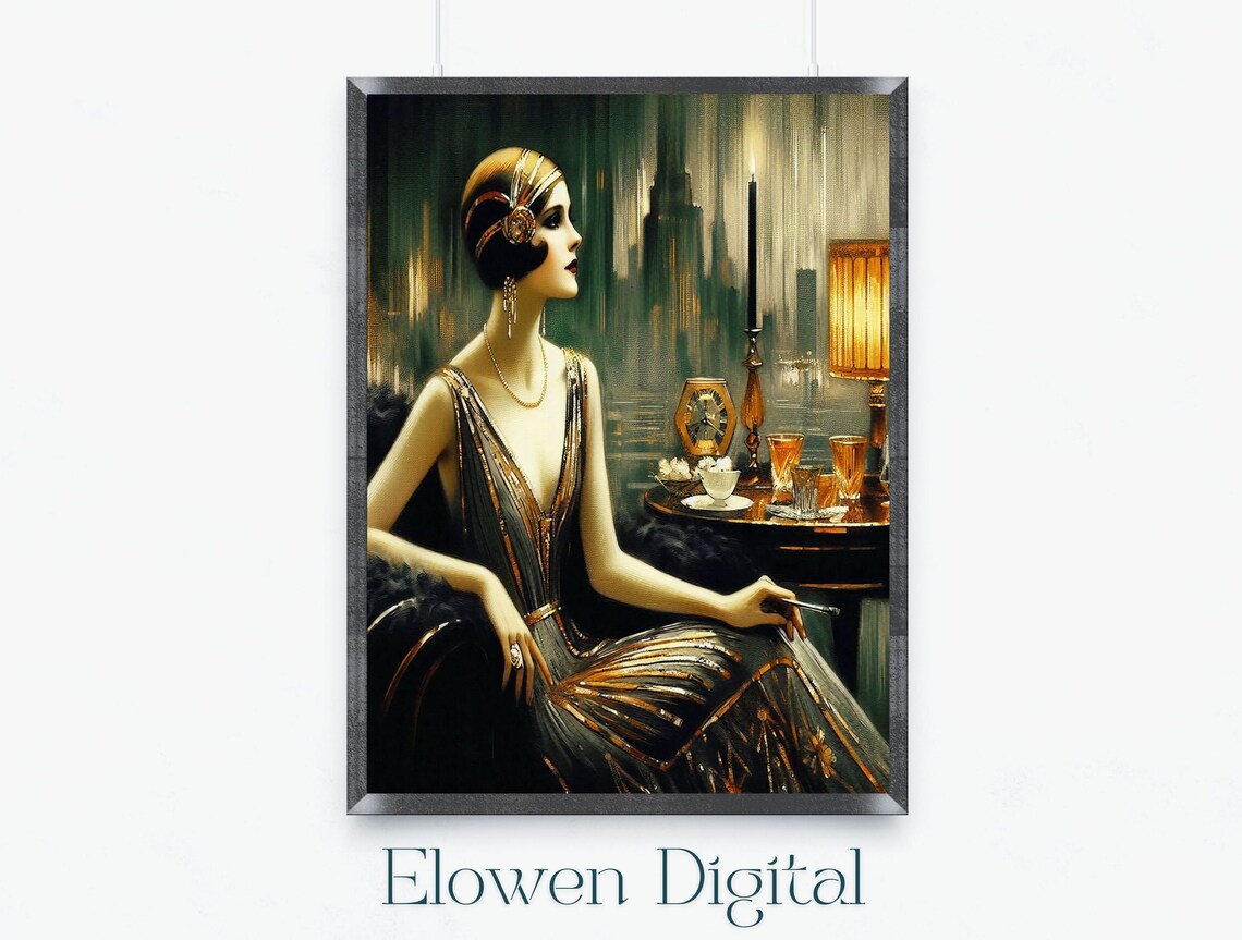 Elegant Art Deco Flapper Cocktails City Night Vintage Woman Poster