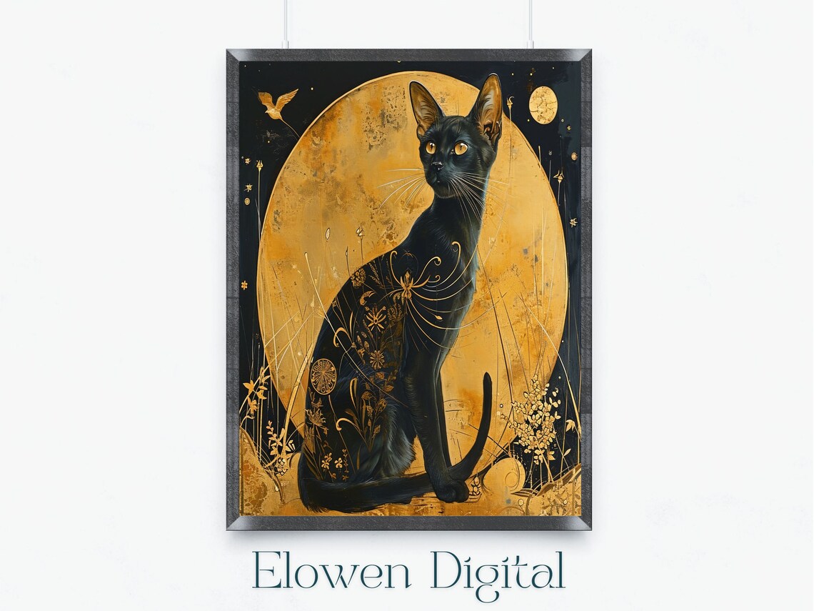 Mystical Art Deco Black Cat Golden Moon Night Vintage Cat Poster
