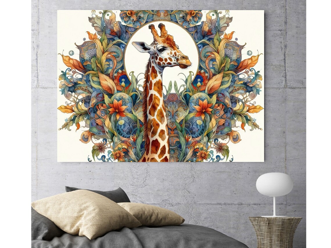Giraffe Portrait in Autumn Leaves Floral Medallion Wall Poster - Image 2