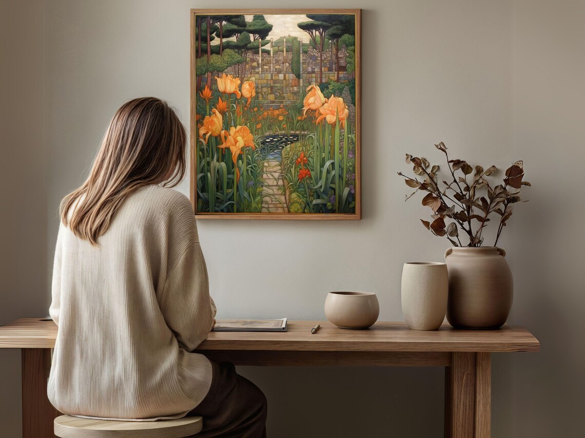 Art Deco Garden Orange Lilies Pond Mosaic Flower Garden Wall Art - Image 5