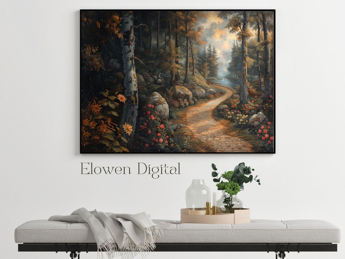 Autumn Birch Forest Path Leading to a Golden Lake View Poster