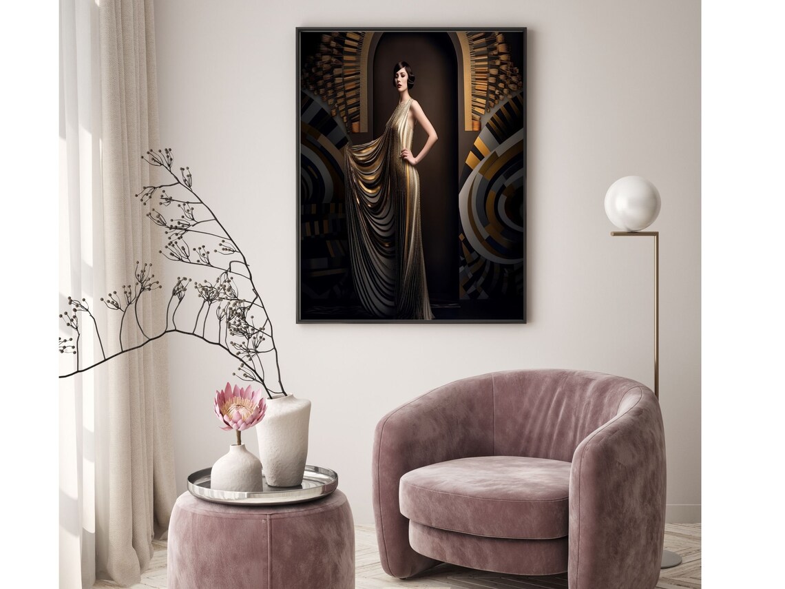 Art Deco Woman in Elegant Black and Gold Draped Gown With Headdress Poster - Image 6