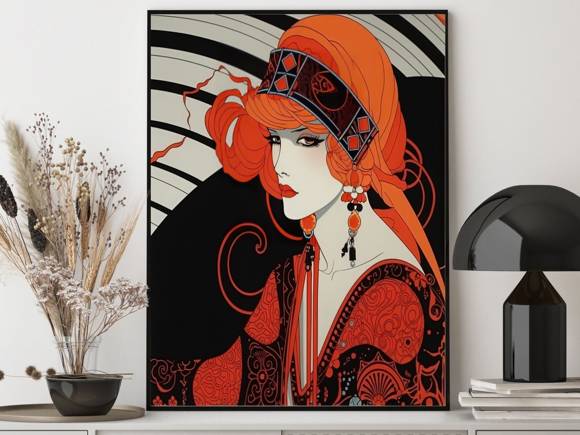 Art Deco Red Haired Woman In Black And Red With Diamond Tiara Poster - Image 6