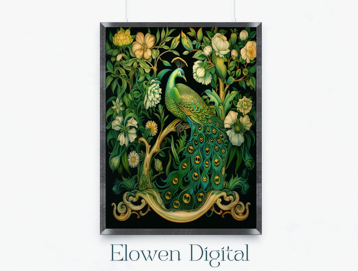 Peacock White Flowers Morris Style Botanical Garden Art Poster