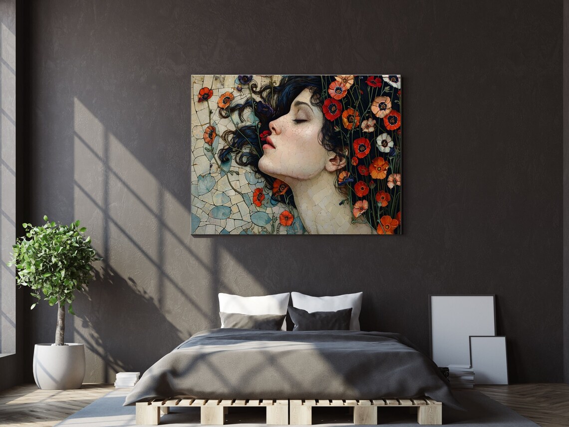 Mosaic Profile Woman Face With Red Poppies Floral Art Wall Art - Image 3