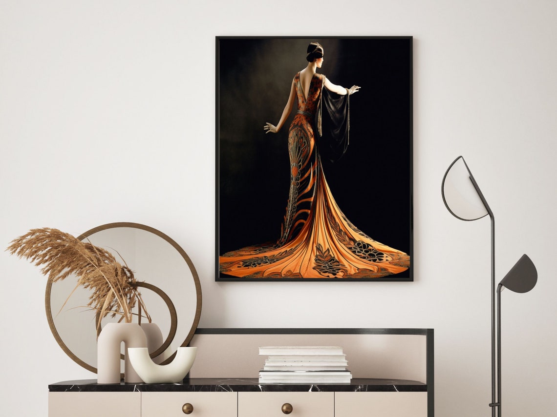 Art Deco Woman From Behind in Flame-Orange Feathered Gown Poster - Image 6