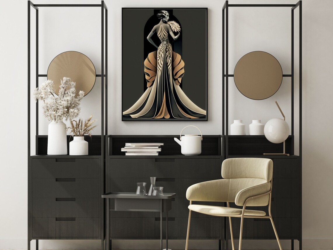 Erté Style Art Deco Woman with Feather Fan in Champagne Gown Poster - Image 5