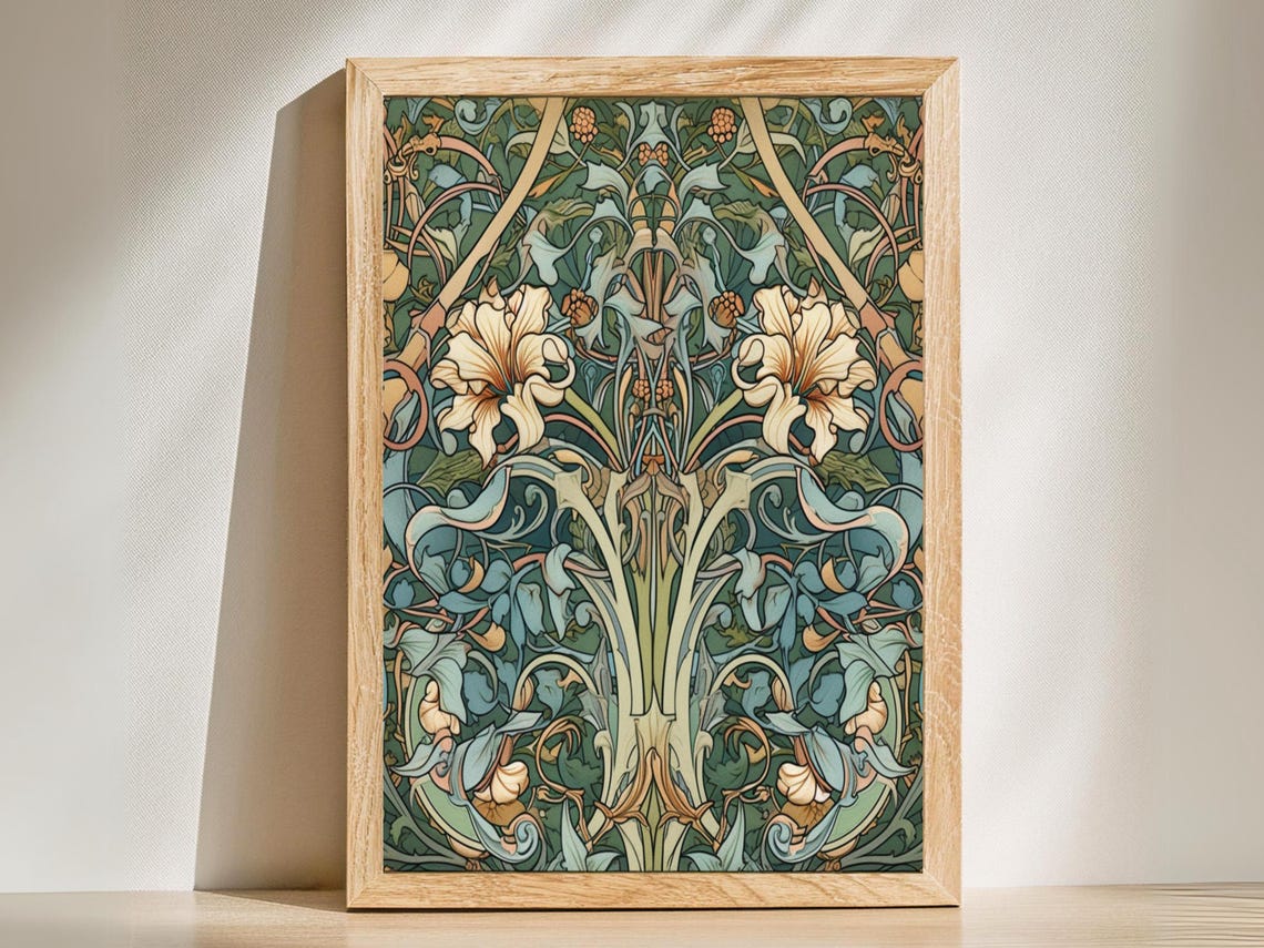 William Morris Style Lilies and Vines Botanical Pattern Wall Art