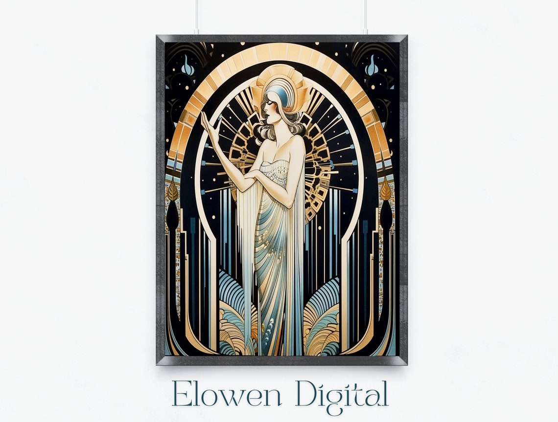 Erté-Inspired Woman in Gold Headdress Before Radiant Halo Poster