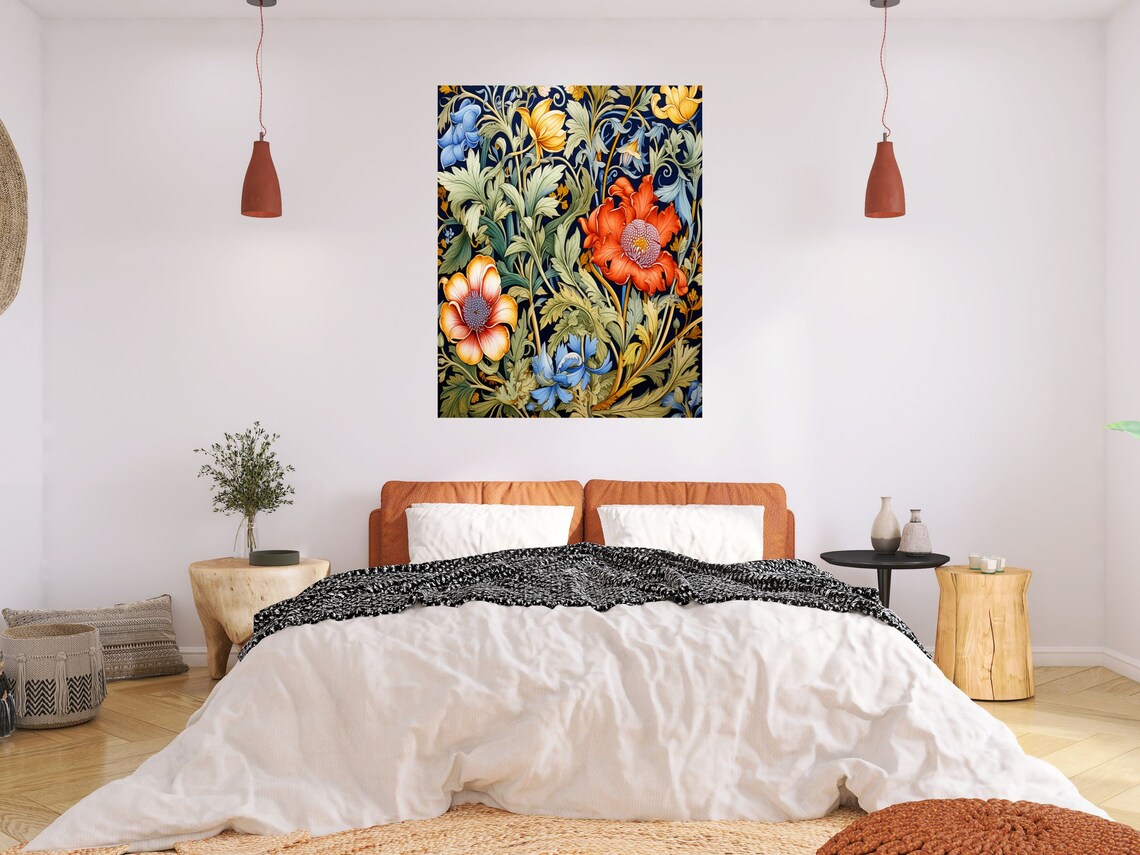 William Morris Style Poppies and Irises Navy Botanical Wall Art - Image 3