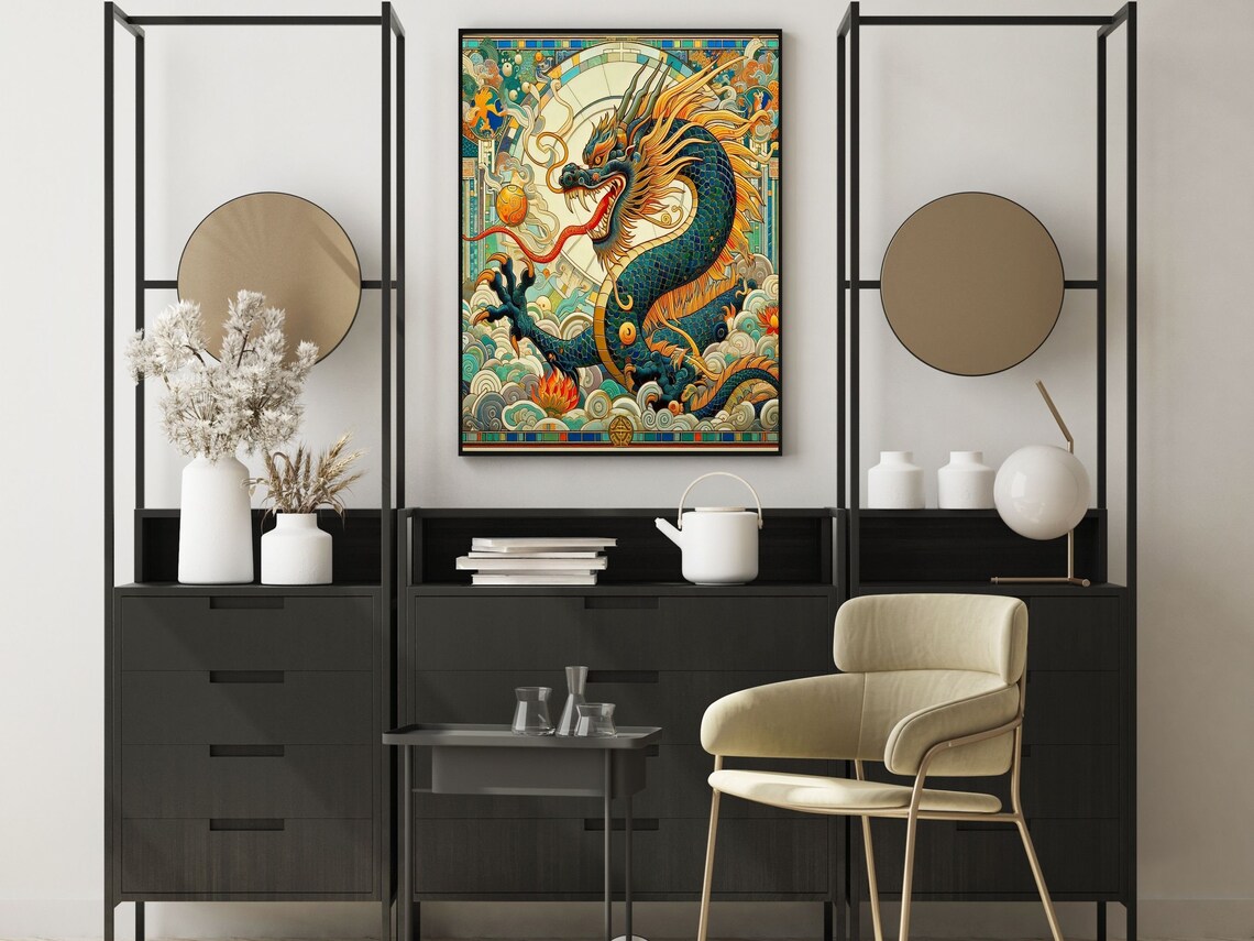 Art Deco Teal Chinese Dragon With Flaming Pearl Scene Wall Art - Image 2