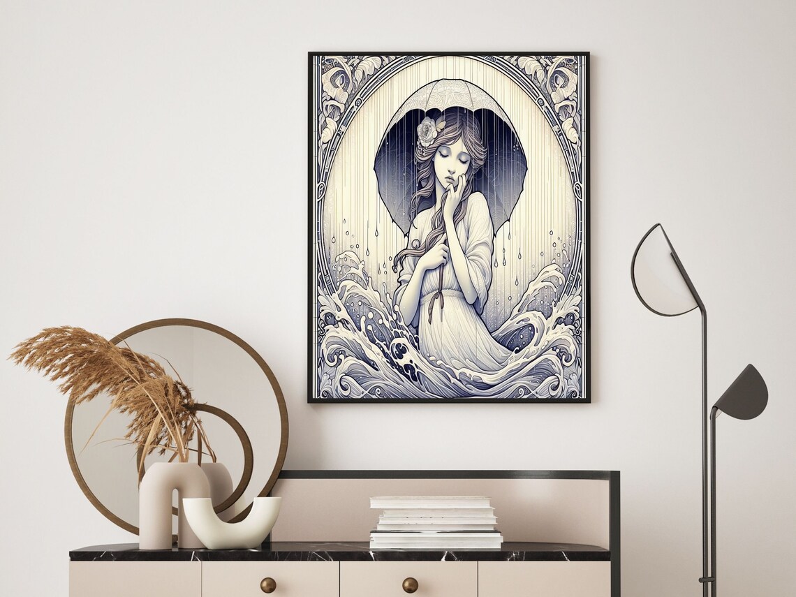 Poetic Art Nouveau Woman Umbrella Rainy Night Monochrome Poster - Image 6