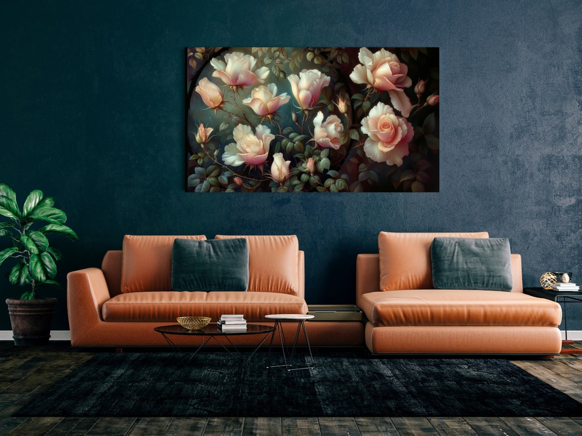 Vintage Cream and Blush Roses Botanical Study on Dark Poster - Image 6