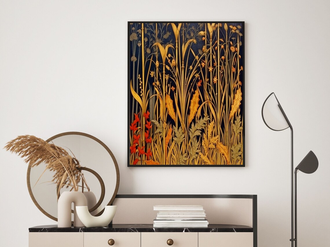 Gilded Golden Reeds Wildflowers Dark Navy Morris Style Wall Art - Image 5