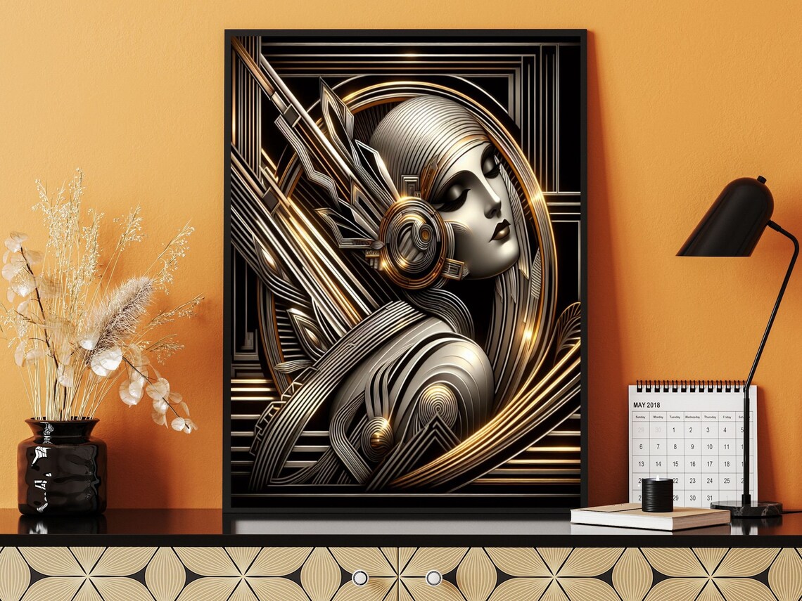 Neo Art Deco Woman in Black and Gold Geometric Profile Poster