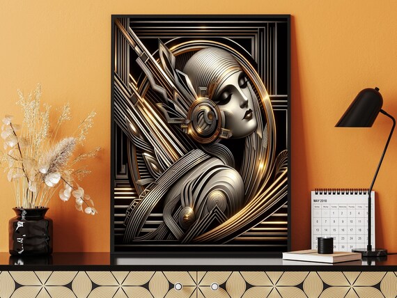 Neo Art Deco Woman in Black and Gold Geometric Profile Poster