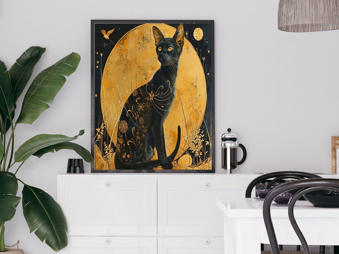 Mystical Art Deco Black Cat Golden Moon Night Vintage Cat Poster - Image 4