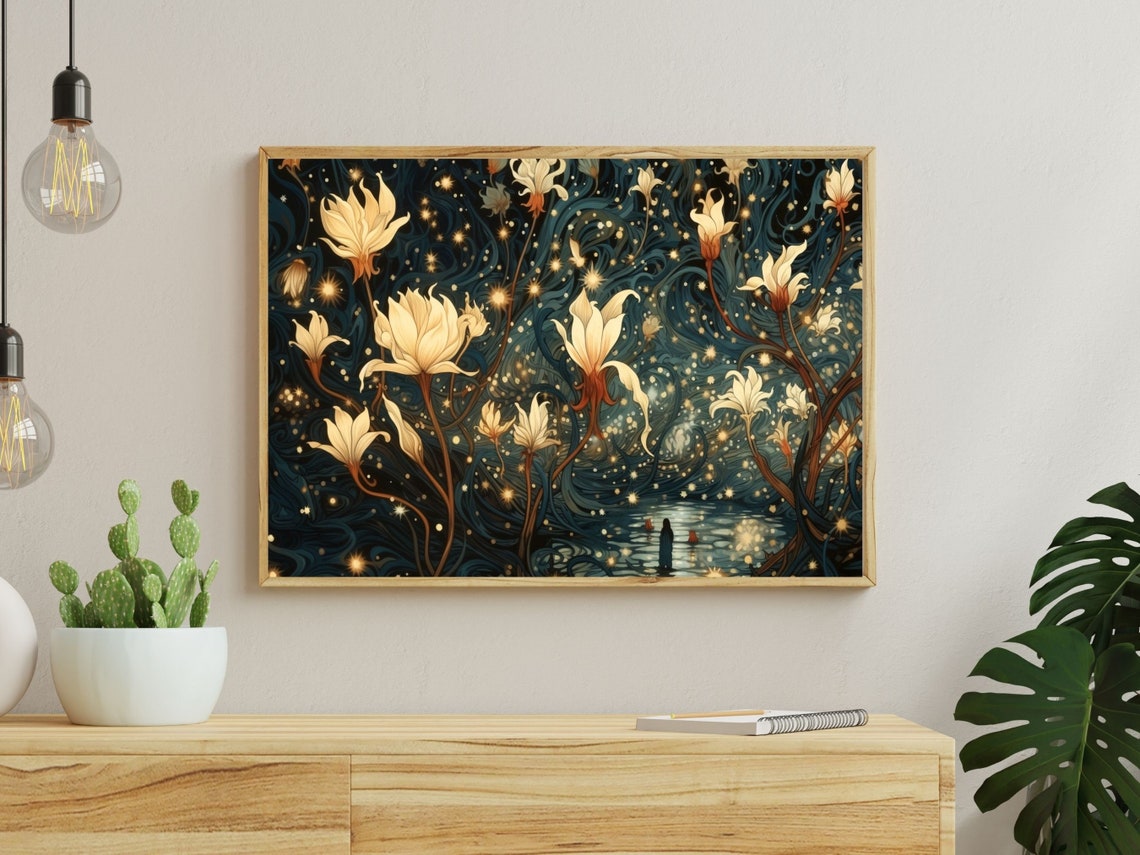 White Night Blooming Lilies Midnight Blue Starry Sky Wall Art - Image 2