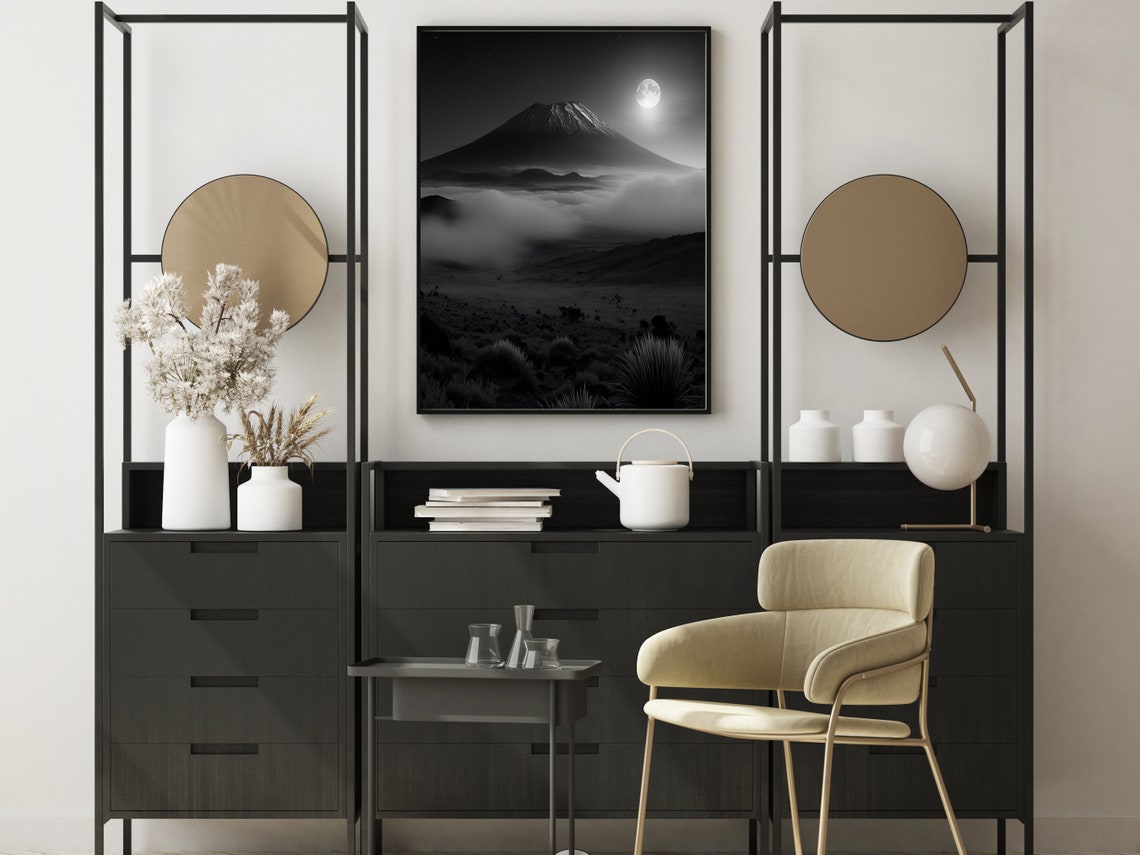 Black And White Prints Misty Mountain Wall Art Mountains Art Mount Kilimanjaro In The Moonlight - Image 6