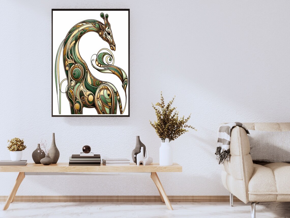 Sage Green and Gold Art Nouveau Giraffe Standing Portrait Poster - Image 2