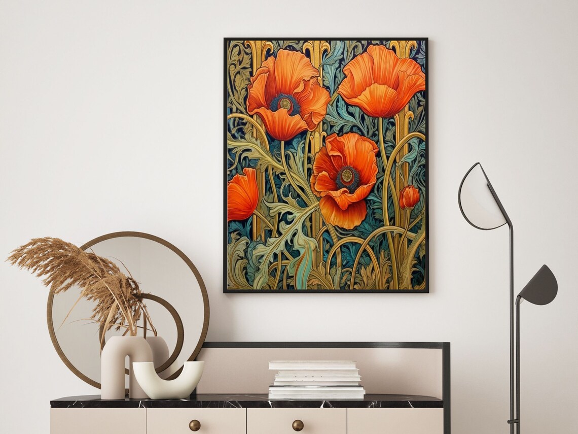 Art Nouveau Orange Poppies with Ornate Golden Foliage Poster - Image 6