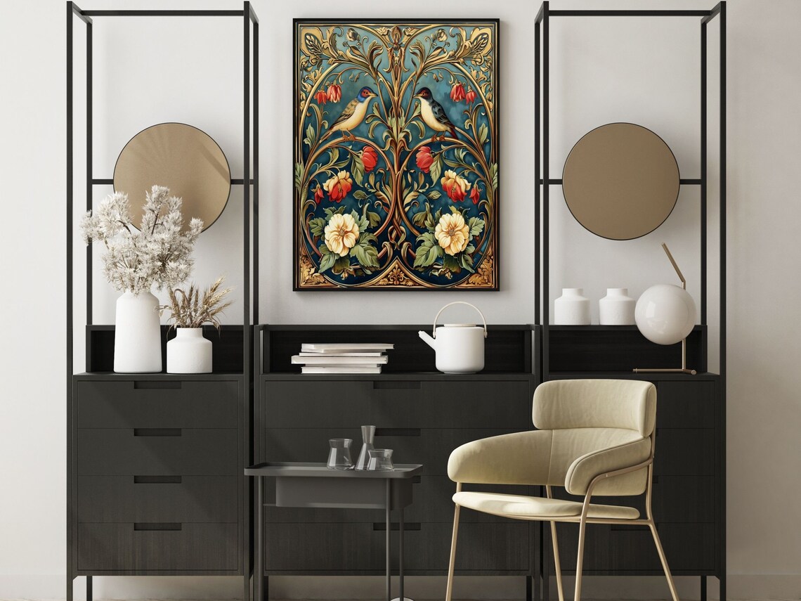 Art Nouveau Symmetric Birds And Flowers Panel Design Wall Art - Image 2