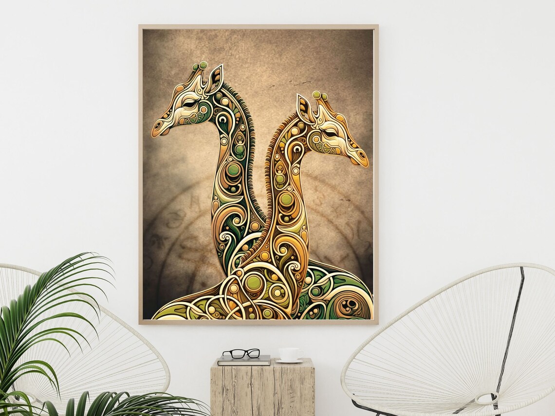 Two Ornate Giraffes With Gold And Green Patterned Bodies Art Nouveau Wall Art - Image 6