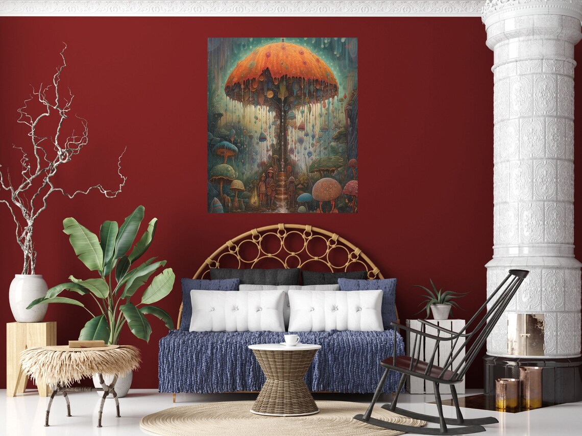 Magical Mushroom Umbrella Fairy Forest Rain Fantasy Art Poster - Image 3