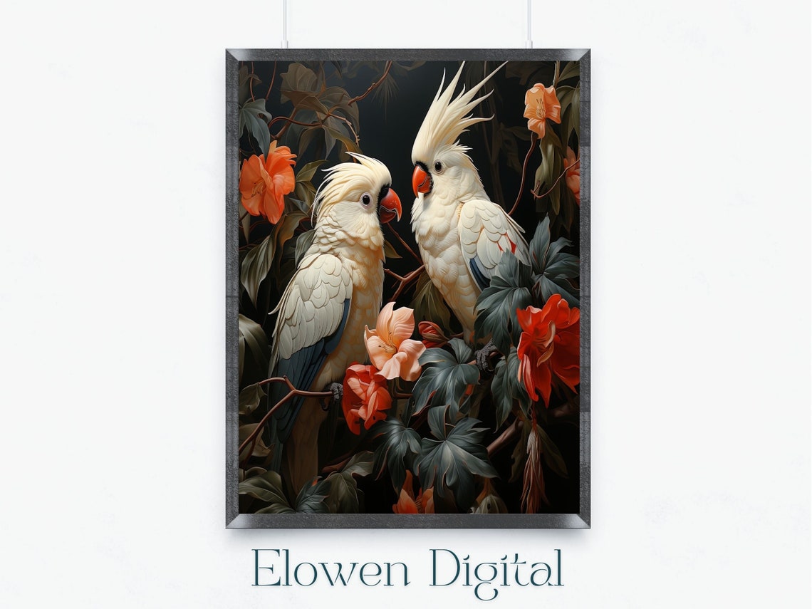 Two White Cockatoos Face To Face Among Bright Tropical Blooms Wall Art