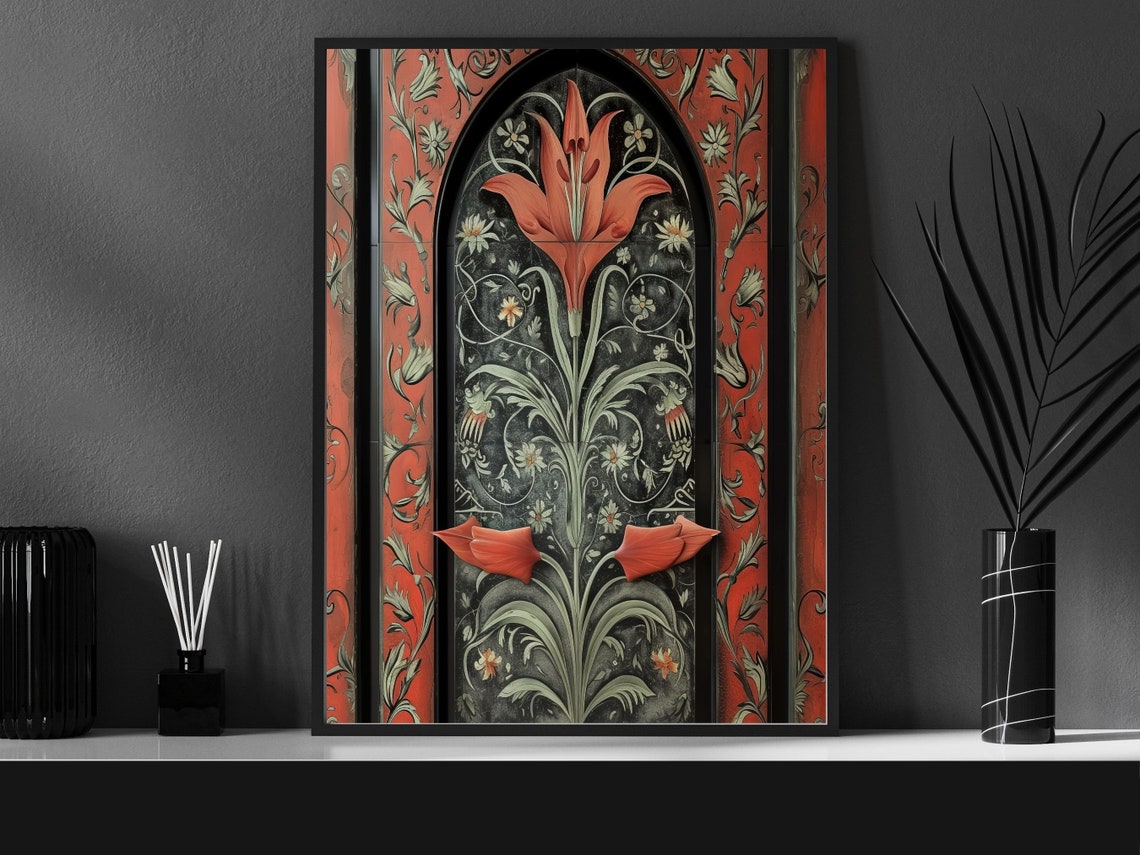 Art Deco Red Lily in Gothic Arch with Morris Pattern Wall Poster - Image 3