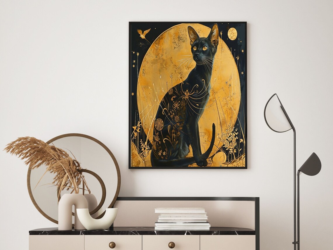 Mystical Art Deco Black Cat Golden Moon Night Vintage Cat Poster - Image 6