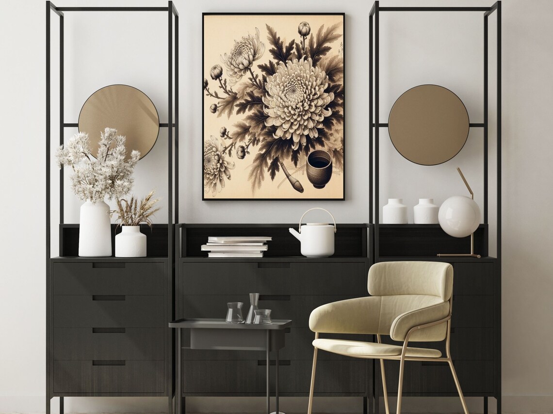 Japanese Ink Chrysanthemums Tea Cup Vintage Botanical Poster - Image 4
